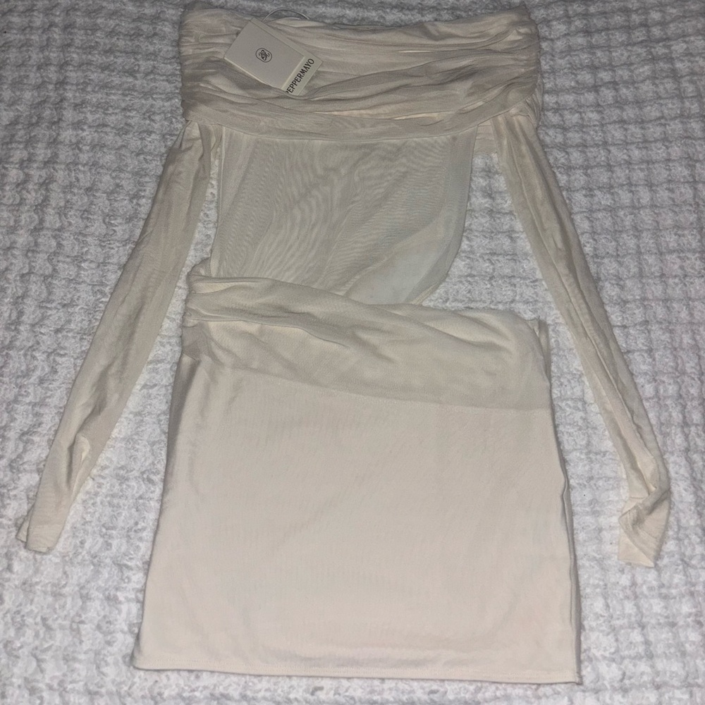 Peppermayo Sheer Off-Shoulder Cream Dress